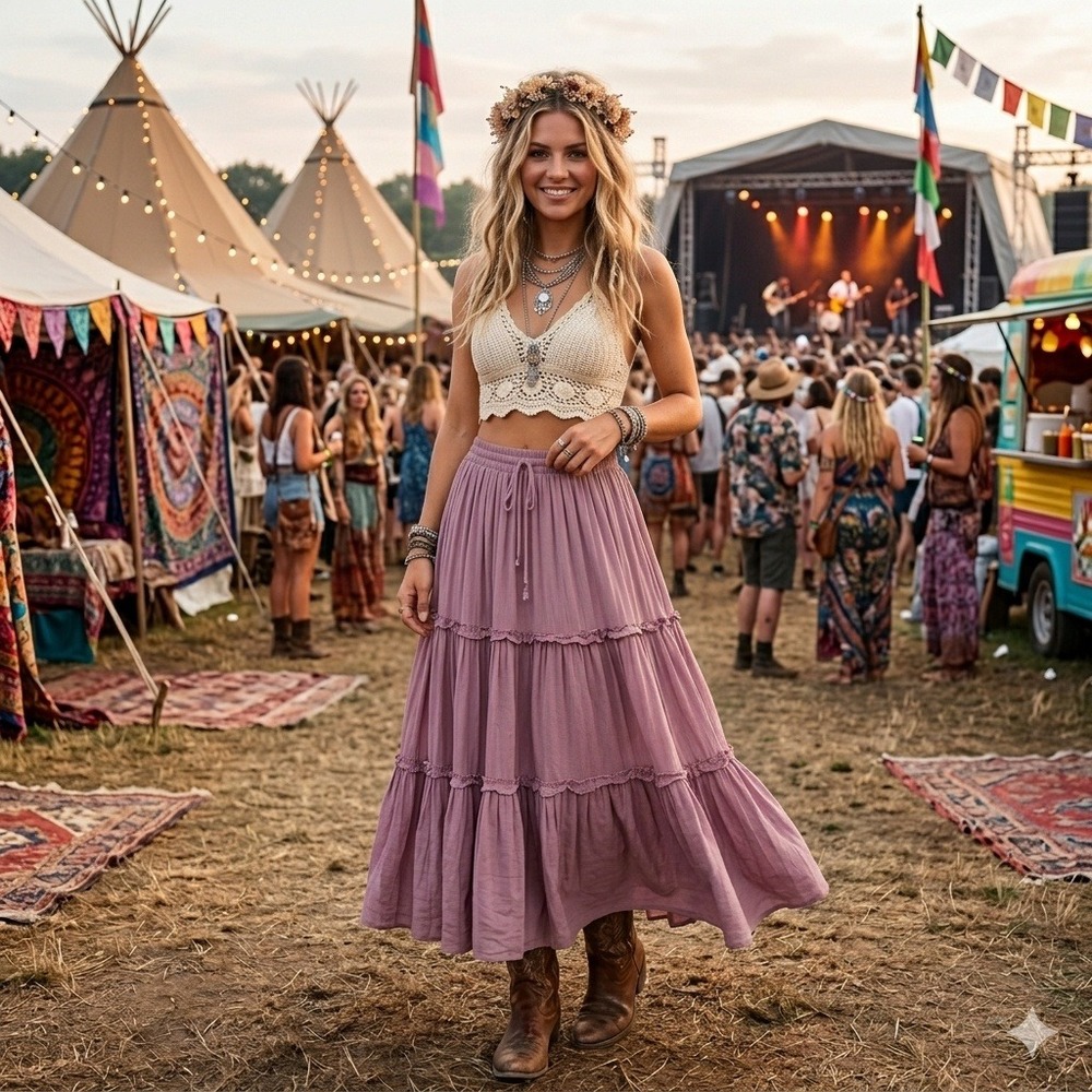 Zenana Boho Gipsy Peasant Hippie Festival Mauve Tiered Ruffle Maxi Skirt S Rayon